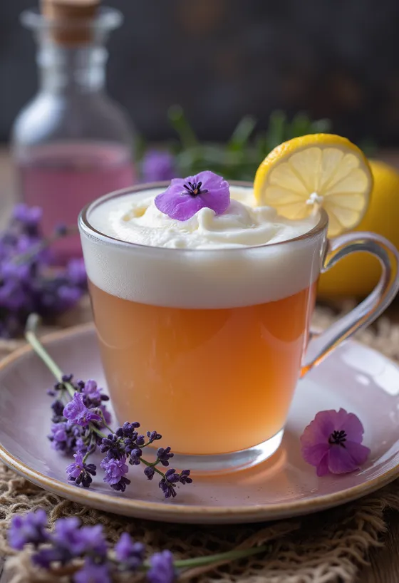 Cider lavender disajikan dalam gelas