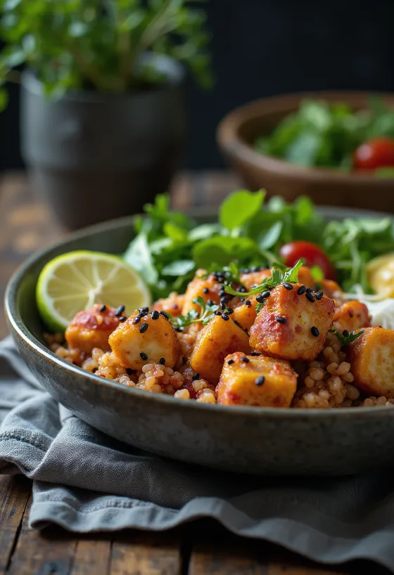 Buddha bowl quinoa jeruk nipis tahu dengan tahini bit kari disajikan