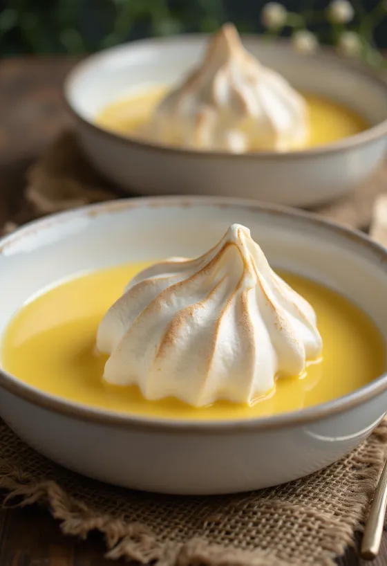 Madártej disajikan dalam gelas, dengan krim vanila dan hiasan busa putih telur