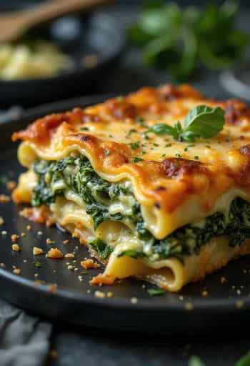 Lasagne bayam berlapis, dengan keju panggang cokelat keemasan di atasnya