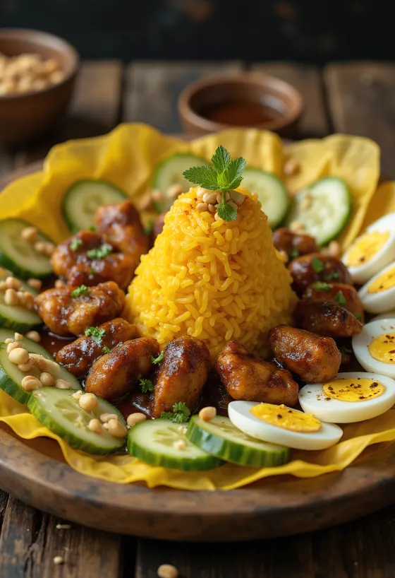 Tumpeng disajikan dengan ayam goreng dan kacang tanah