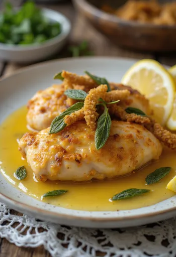 Ayam sage, dengan kulit renyah dan disajikan dengan rempah segar