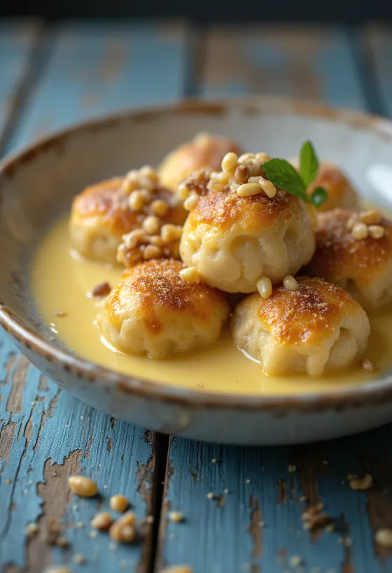Dumpling emas tradisional dengan kustar vanila – Dumpling kenari lembut disajikan dengan kustar manis yang creamy.
