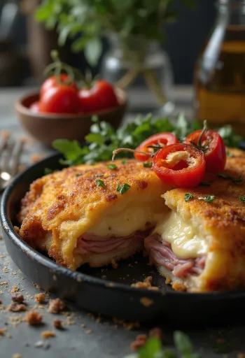 Cachopo disajikan dengan kentang goreng dan lemon