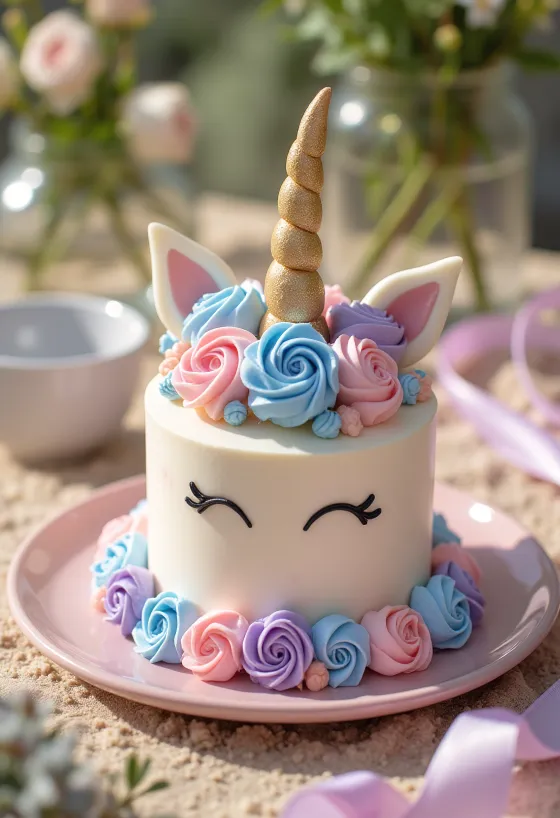Kue unicorn dengan lapisan kue warna-warni dan hiasan fondant