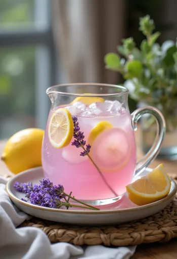Limonade lavender disajikan dalam gelas