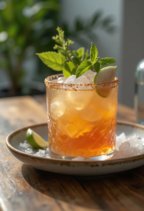 Koktail Mai Tai dihiasi dengan daun mint dan irisan jeruk nipis