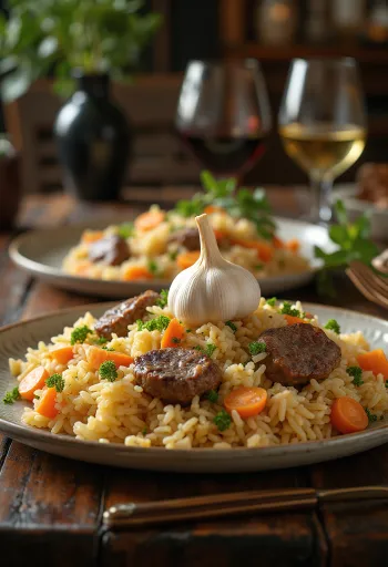 Pilaf dengan daging domba disajikan