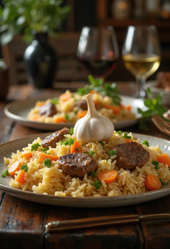 Pilaf dengan daging domba disajikan