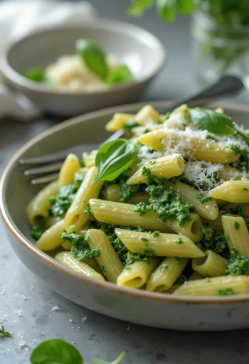 Pasta bayam creamy dengan taburan parmesan segar, disajikan di piring putih.