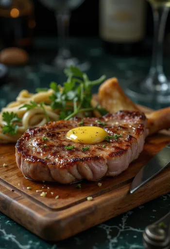 Steak leher sapi disajikan dengan kentang goreng dan sayuran