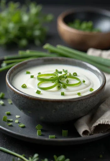 Saus kucai krim dalam mangkuk dengan kucai segar.