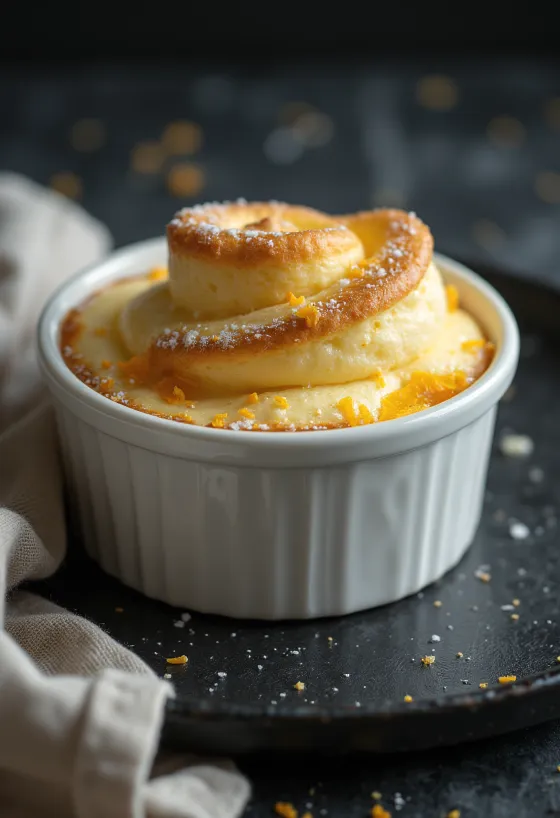 Soufflé jeruk vanila disajikan