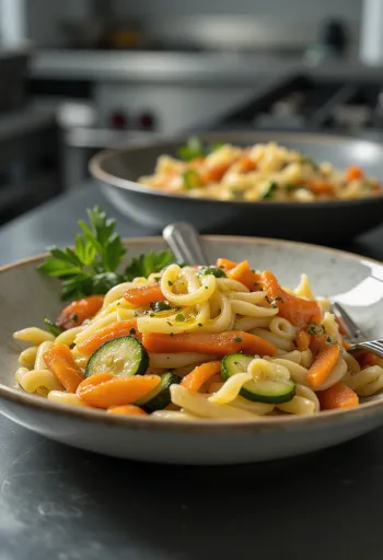 Pasta sayuran dengan sayuran berwarna-warni dan rempah segar