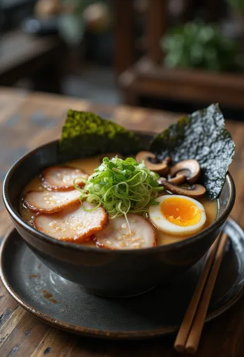 Ramen chashu disajikan dengan daging panggang Jepang iris bulat