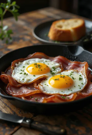 Daging sapi asap dengan telur goreng, disajikan dengan roti segar