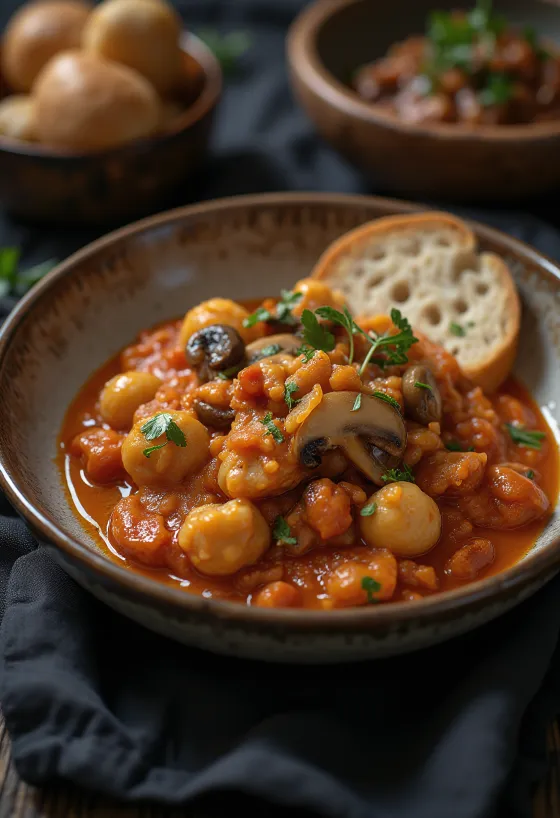 Paprikash jamur disajikan dengan nokedli vegan