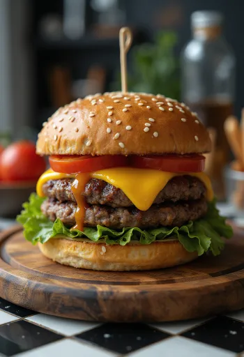 Hamburger disajikan dengan kentang goreng dan salad segar
