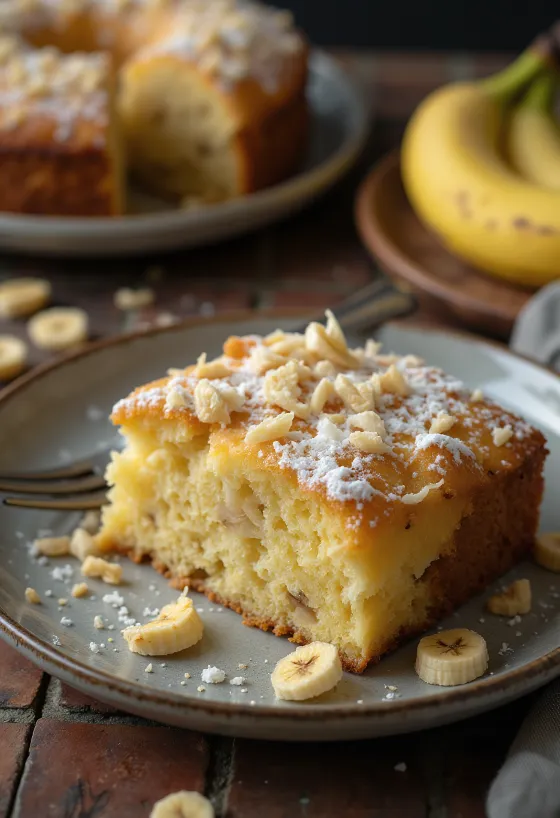 Kue pisang kelapa ditaburi gula halus dan dihiasi parutan kelapa