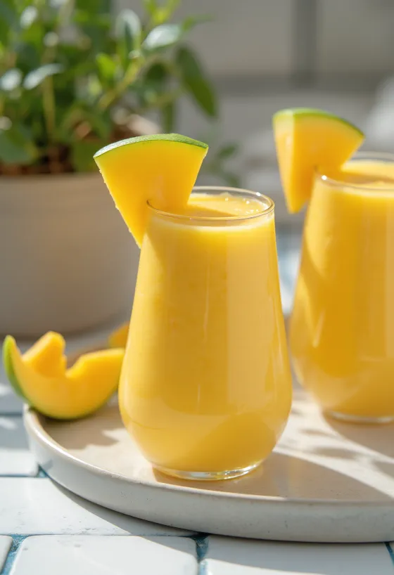 Smoothie mangga dalam gelas tinggi, dihiasi dengan irisan mangga