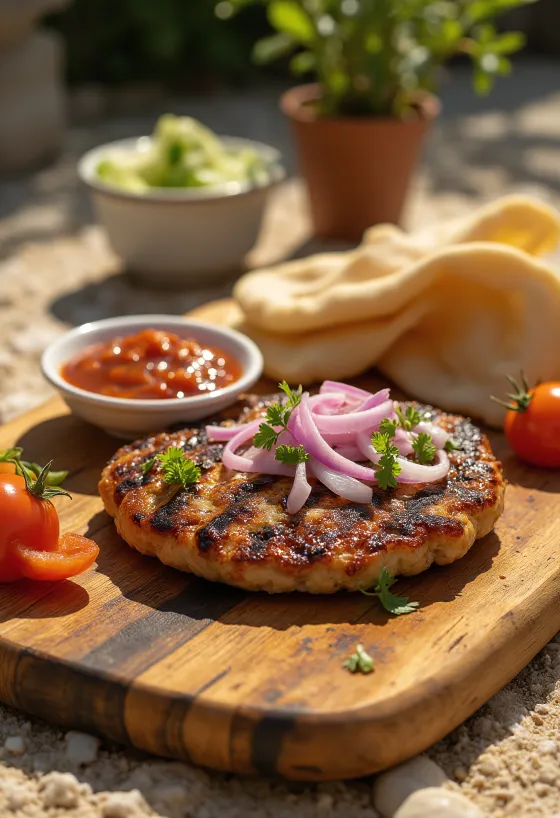 Pljeskavica, patty daging sapi Serbia dengan ajvar dan kentang goreng