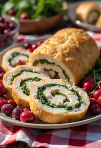 Roulade kalkun dengan cranberry disajikan dengan sayuran.