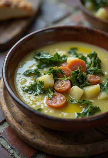 Sup Caldo Verde disajikan dengan sosis