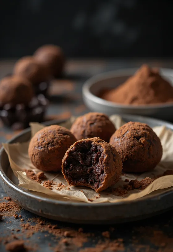 Bola-bola truffle cokelat di atas piring