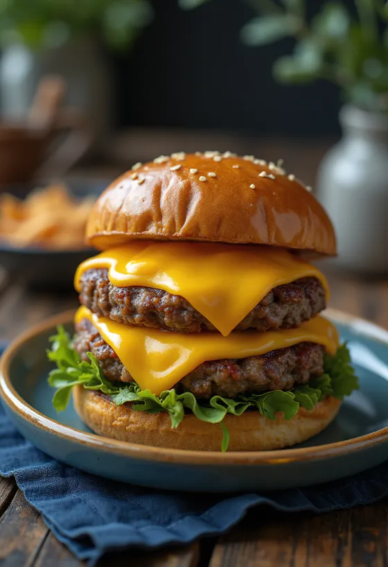 Burger keju ganda dengan dua patty daging berair dan keju cheddar ekstra