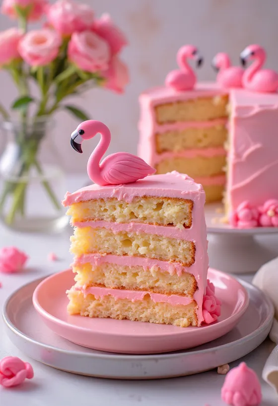 Kue Flamingo dengan dekorasi merah muda dan emas