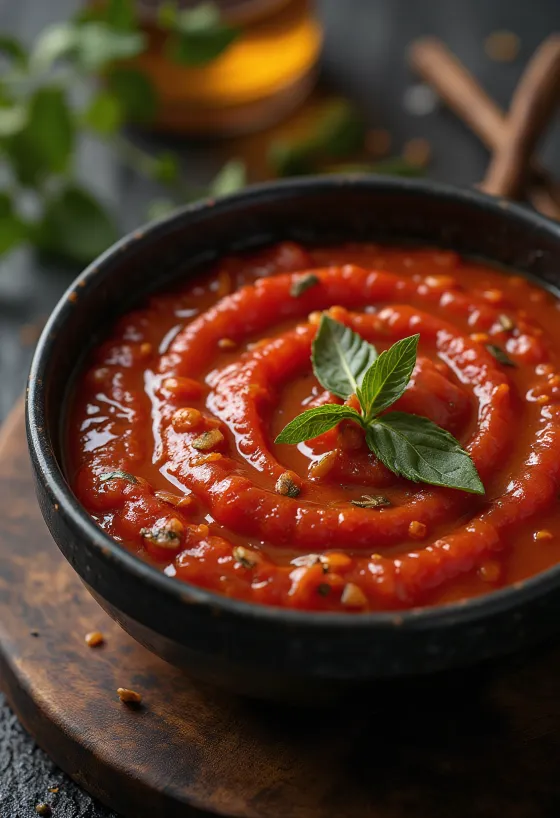 Saus tomat pedas dalam mangkuk keramik