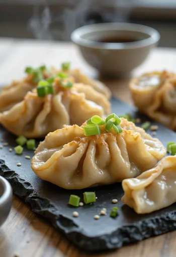Gyoza Jepang dengan isian daging ayam, dalam adonan dasar panggang, dengan saus celup kecap asin