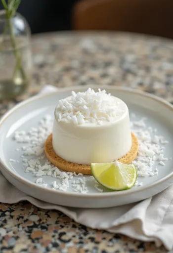 Kue panna cotta kelapa dalam penyajian elegan
