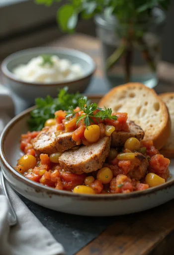 Irisan daging lecsó yang juicy dari daging sapi, dibuat dengan paprika dan tomat segar