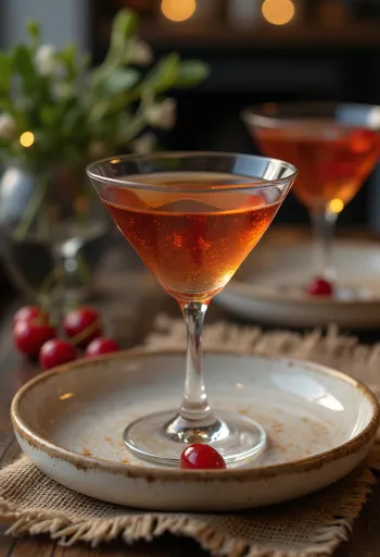 Koktail Manhattan dihiasi dengan ceri koktail dan kulit jeruk
