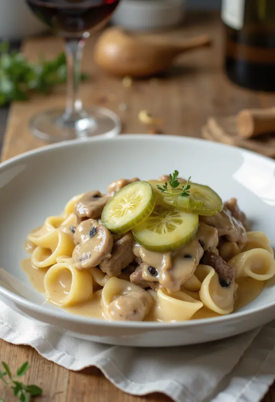Stroganoff sapi disajikan