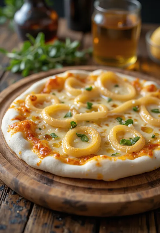 Pizza ai Cipollotti dengan topping daun bawang layu dan keju leleh