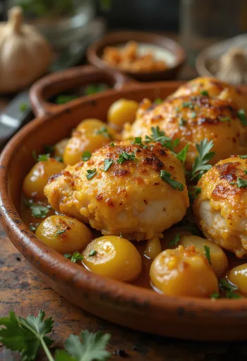 Pollo al Ajillo, ayam bawang putih Spanyol disajikan dengan saus anggur putih