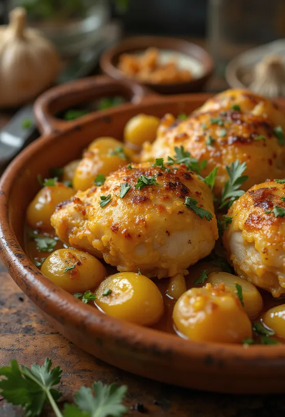 Pollo al Ajillo, ayam bawang putih Spanyol disajikan dengan saus anggur putih