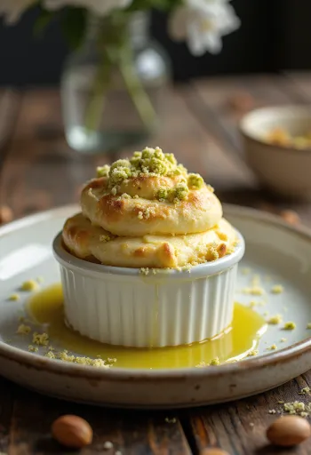 Soufflé pistachio vanila disajikan