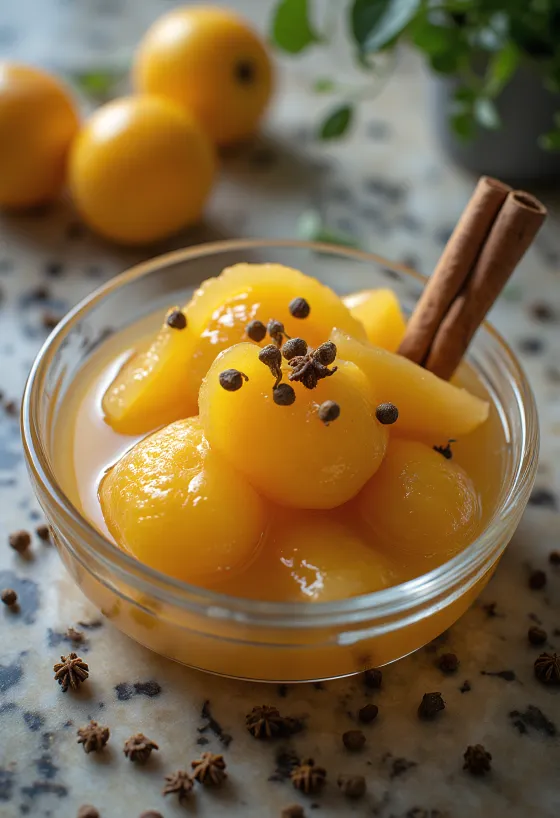 Setup buah quince dibumbui dengan kayu manis dan cengkeh