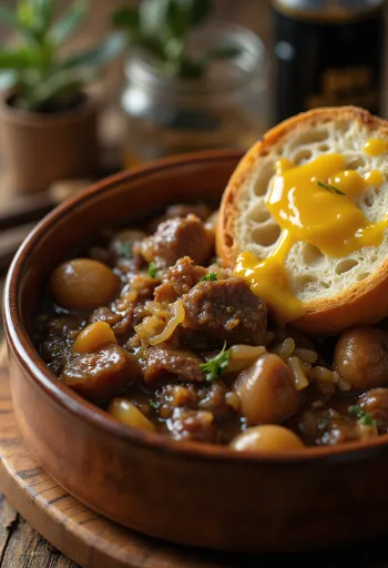 Carbonnade Flamande disajikan dengan kentang tumbuk