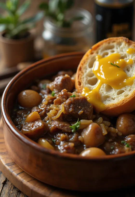 Carbonnade Flamande disajikan dengan kentang tumbuk