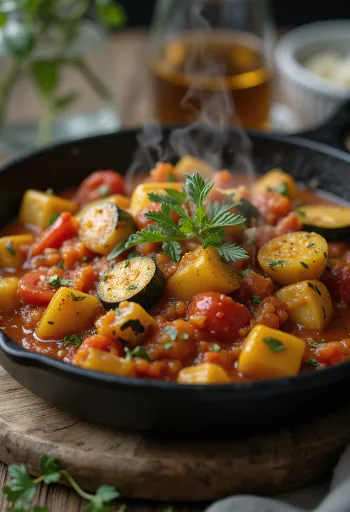 Lecsó zucchini disajikan dengan sayuran segar