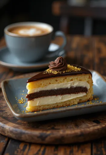 Kue opera Prancis dengan lapisan ganache cokelat dan rasa espresso