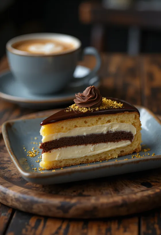 Kue opera Prancis dengan lapisan ganache cokelat dan rasa espresso