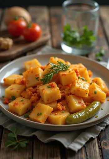 Pasta kentang dengan bawang goreng dan paprika merah disajikan