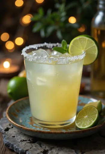 Koktail Margarita dihiasi dengan pinggiran garam dan irisan jeruk nipis