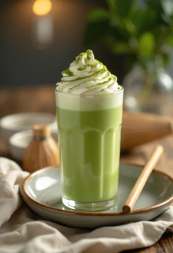 Matcha frappé segar disajikan dalam gelas dengan sedotan
