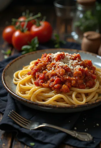 Pasta tomat dengan basil segar dan keju parmesan parut